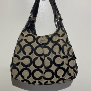 Coach Women's Black Cream Madison OP Art Signature Maggie Shoulder Bag